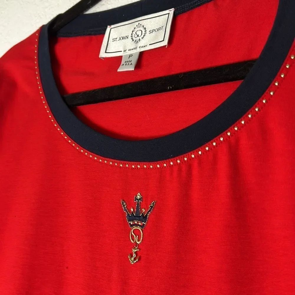 Vintage ST JOHN sport red cotton anchor sailor tee top petite S
